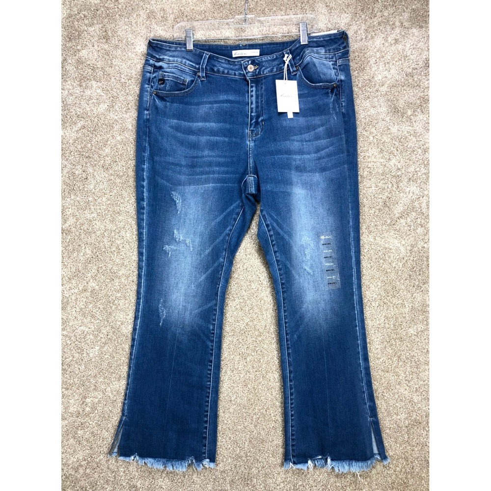 KanCan Distressed Stretch Bootcut Jeans Womens Sz 20 Blue Raw Hem Ankle Slit NWT